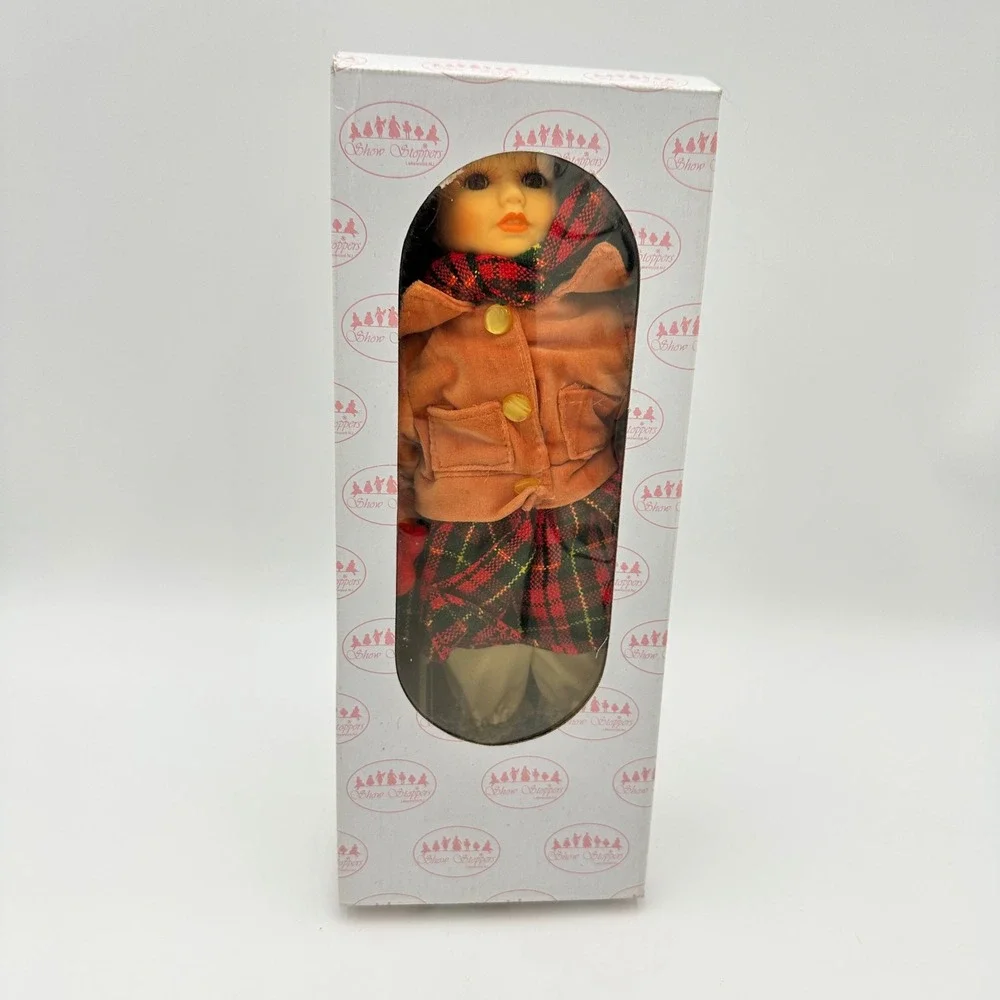 Show Stoppers Nora Porcelain Doll Girls 12in‎ Pink Red Plaid Winter Christmas